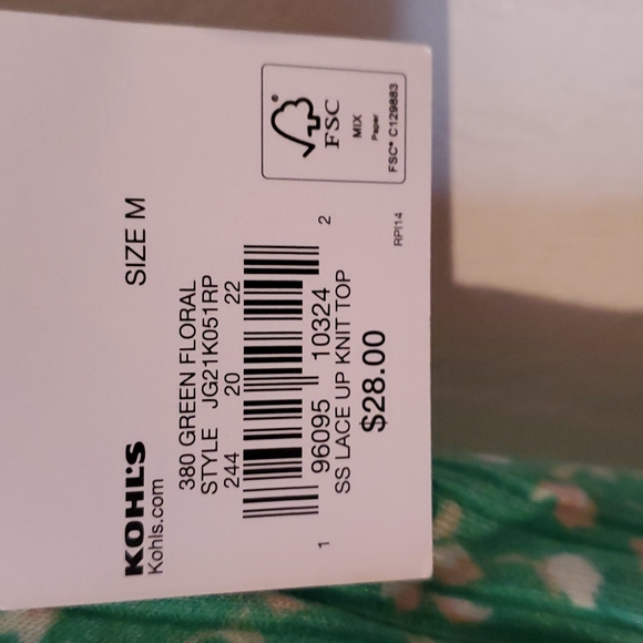 Juniors Medium, lace up front knit top. Green with floral print. NWT - Picture 6 of 6